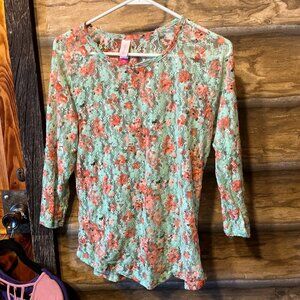 EUC no boundaries lace see through stretchy shirt womens sz L